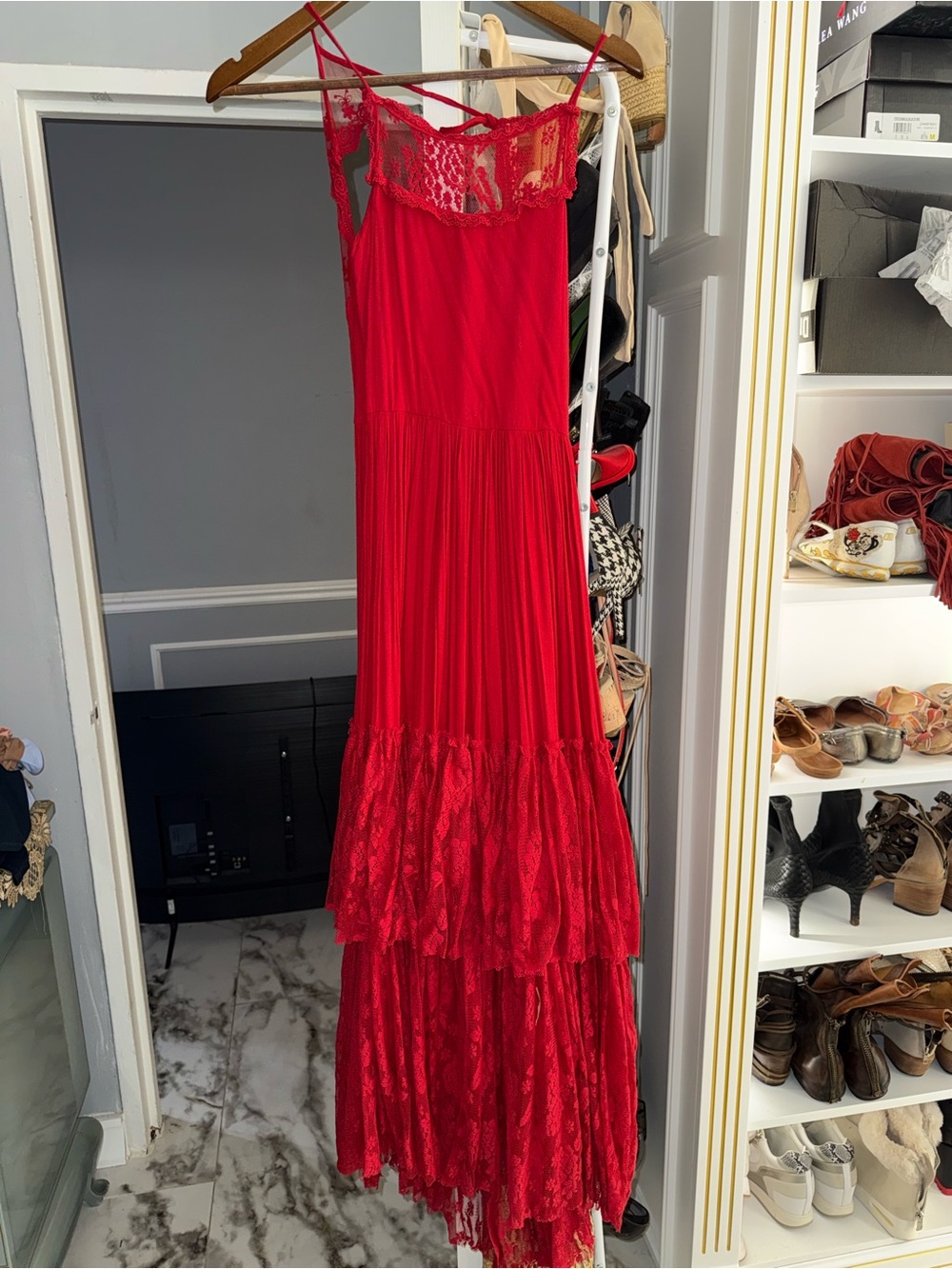 Joyfolie Red Lace Tiered Maxi Dress for Girls